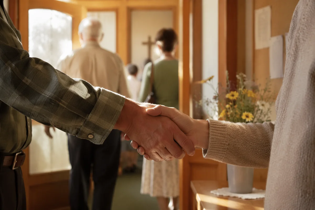 Warm Church Welcome Handshake in Foyer