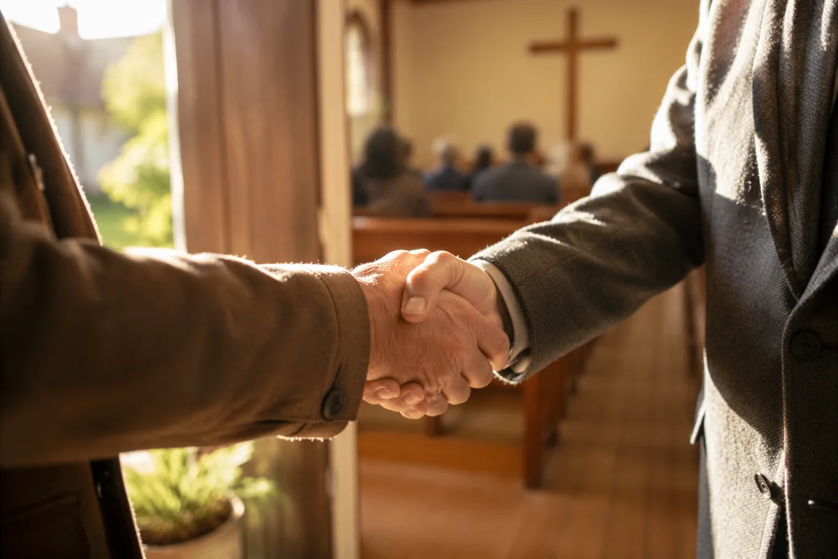 Warm Church Welcome Handshake at Chapel Doorway