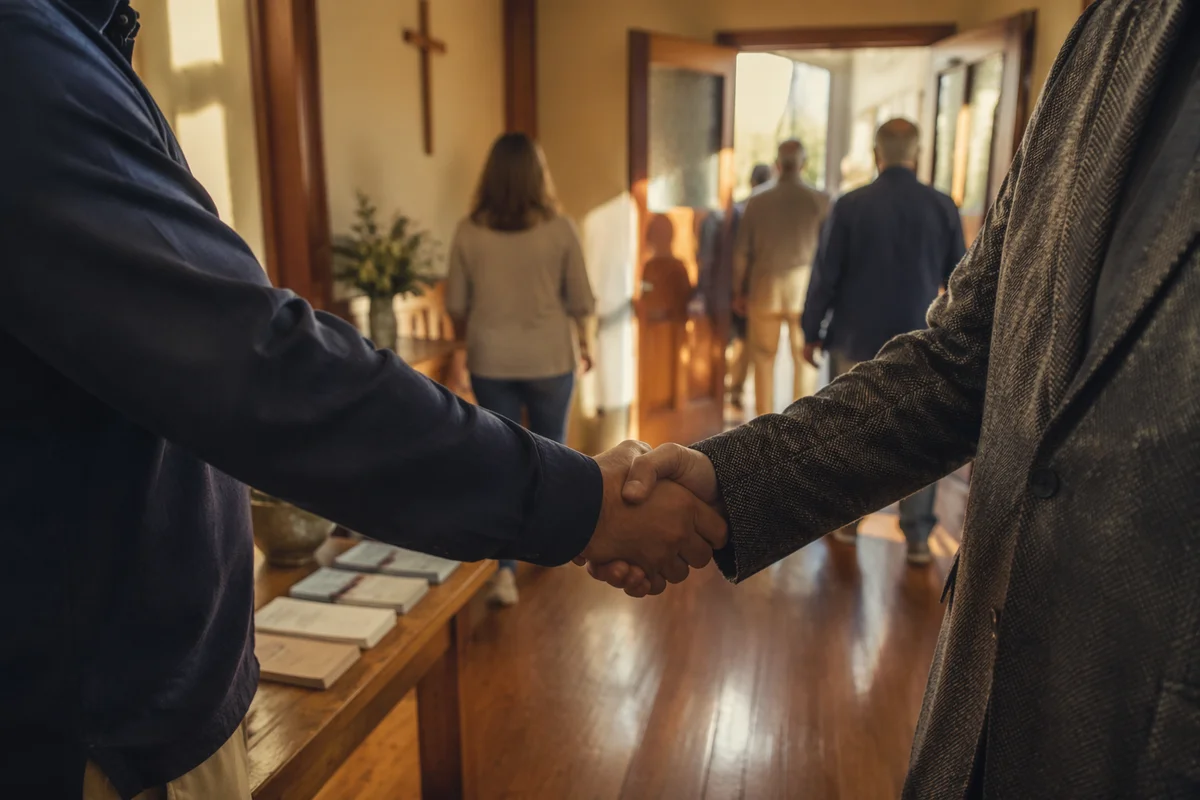 Warm Church Welcome Handshake in Chapel Lobby