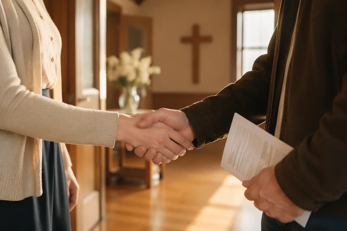 Warm Church Welcome Handshake in Chapel Foyer