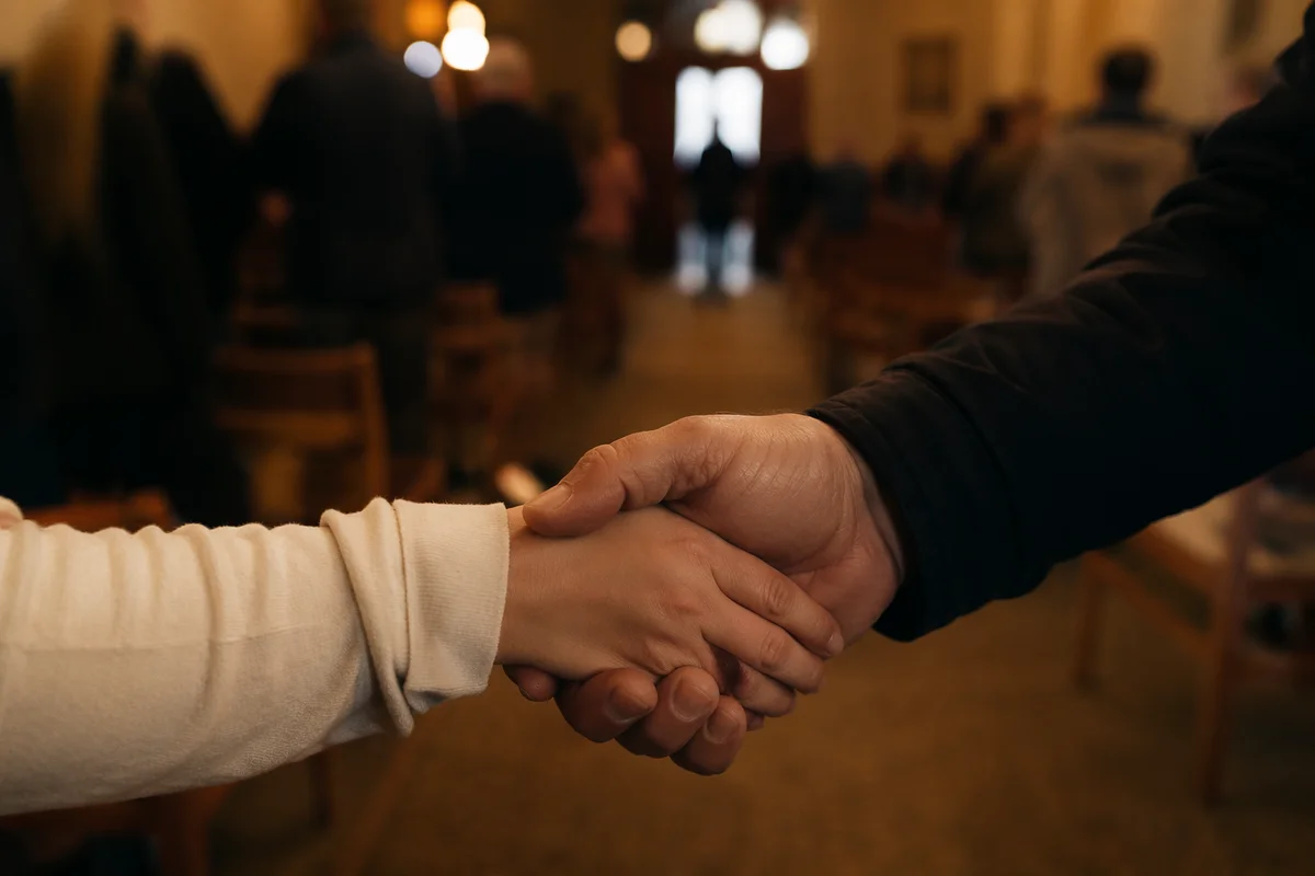 Warm Church Welcome Handshake in Sanctuary