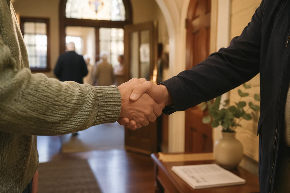 Warm Church Welcome Handshake in Chapel Foyer