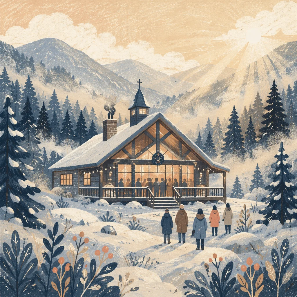 Cozy Snowy Church Retreat Cabin Fellowship