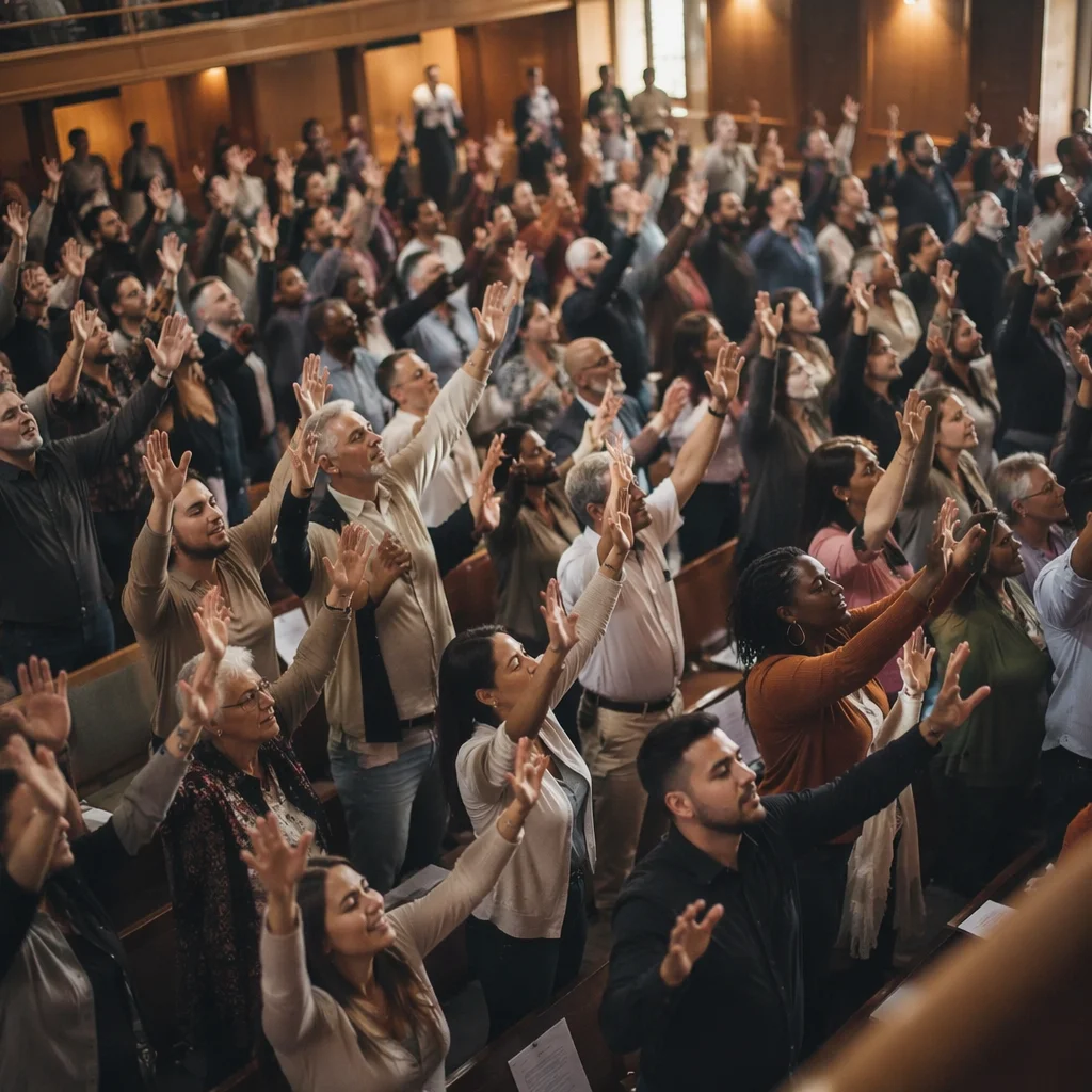 Overhead View of Worshipping Church Congregation