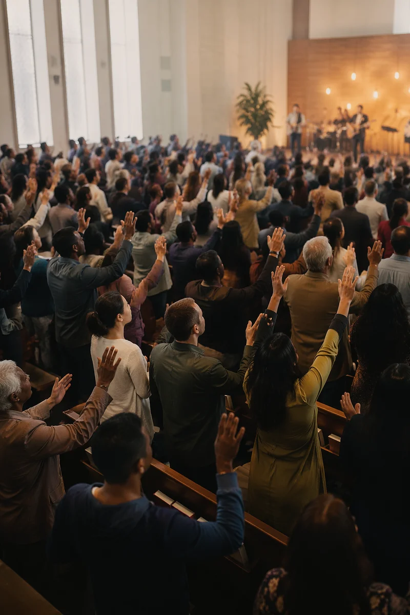 Aerial View of Congregation with Raised Hands
