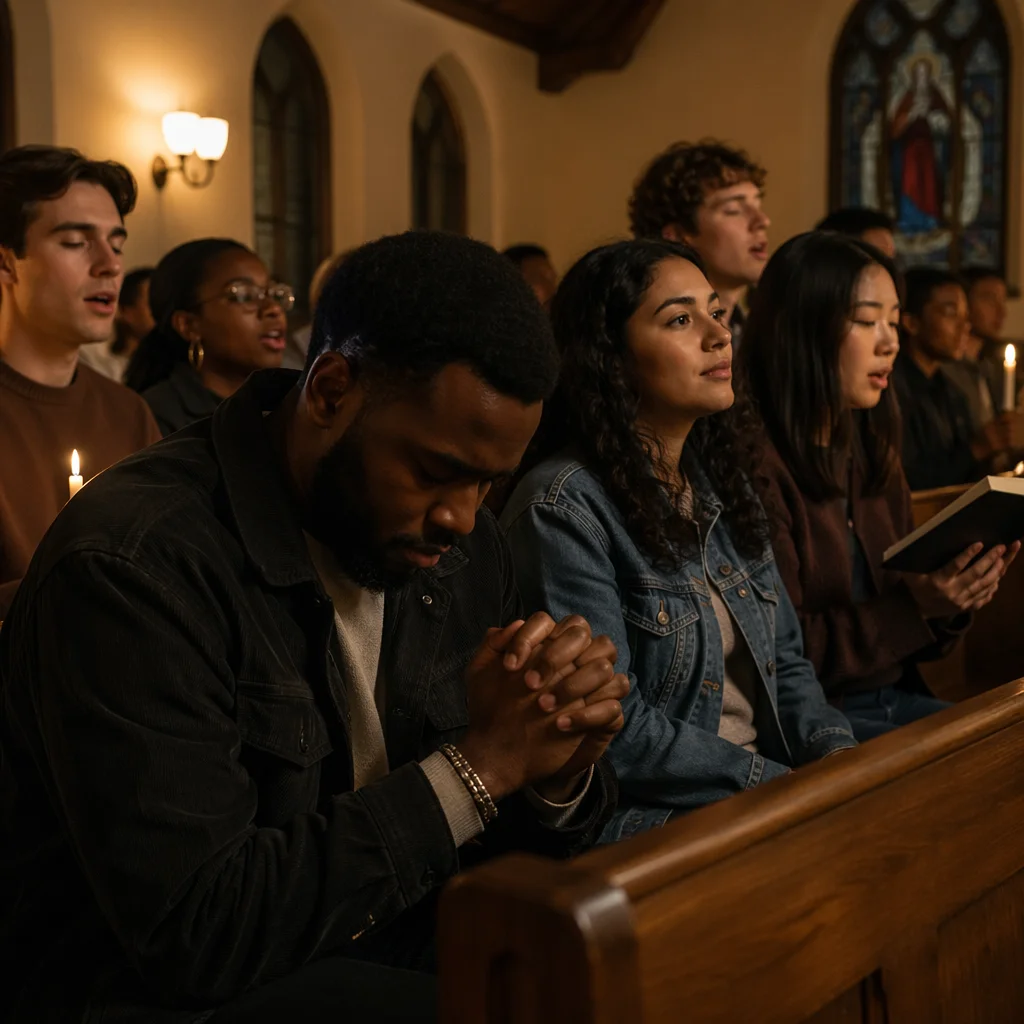 College Students in Candlelit Campus Chapel