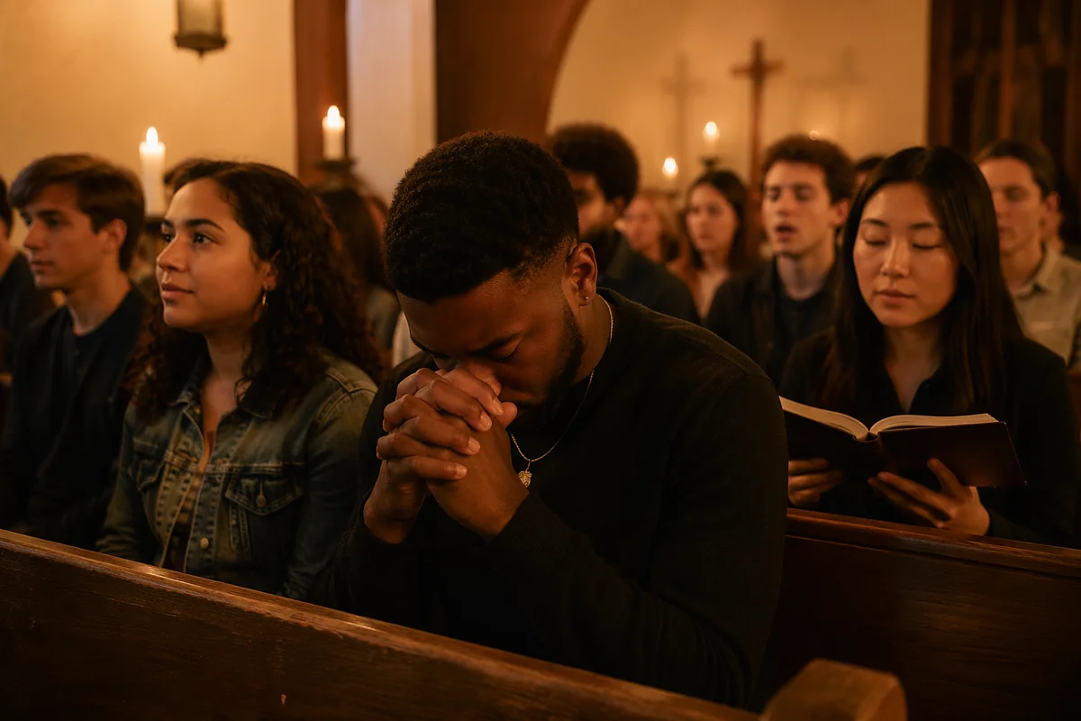 College Students Praying in Campus Chapel