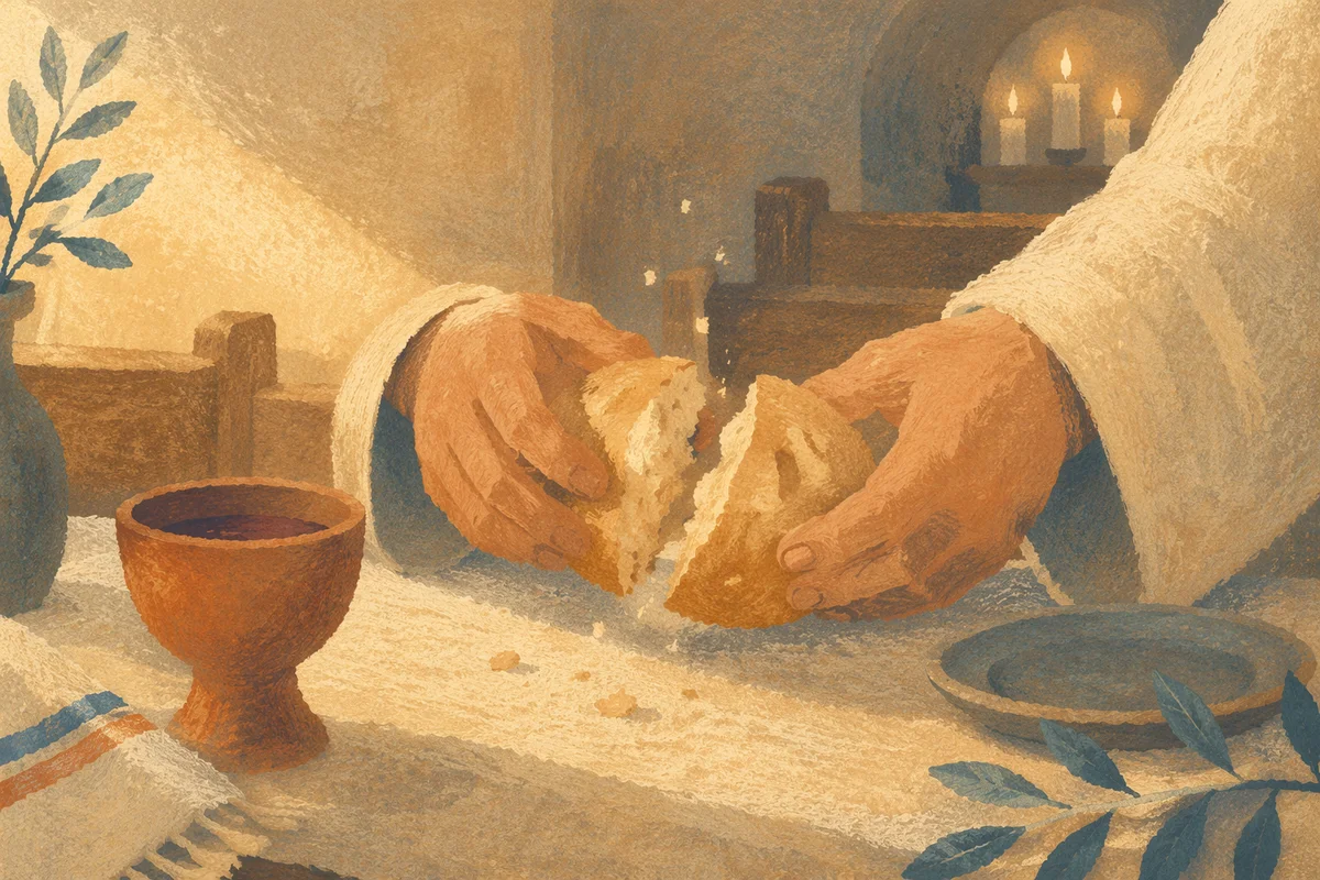 Hands Breaking Communion Bread in Chapel