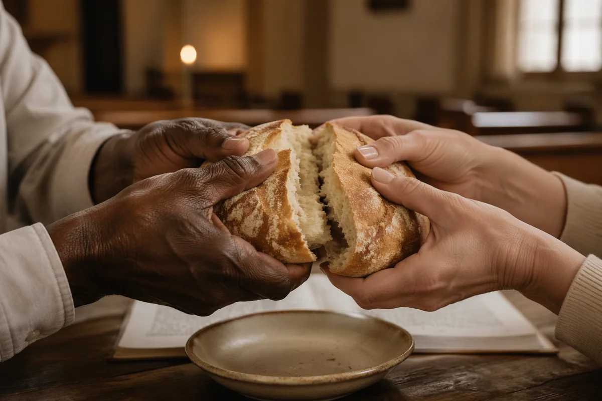 Hands Breaking Communion Bread Close Up