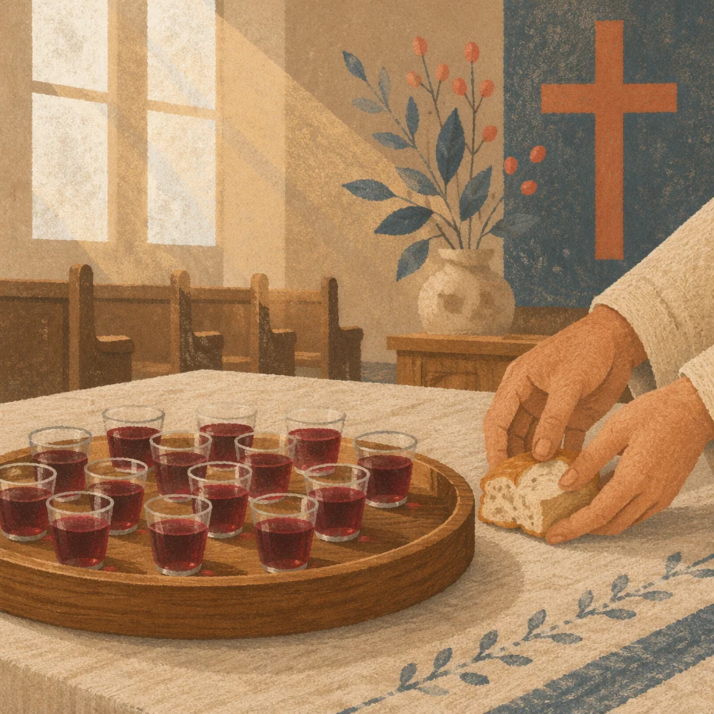 Communion Glasses on Wooden Chapel Tray