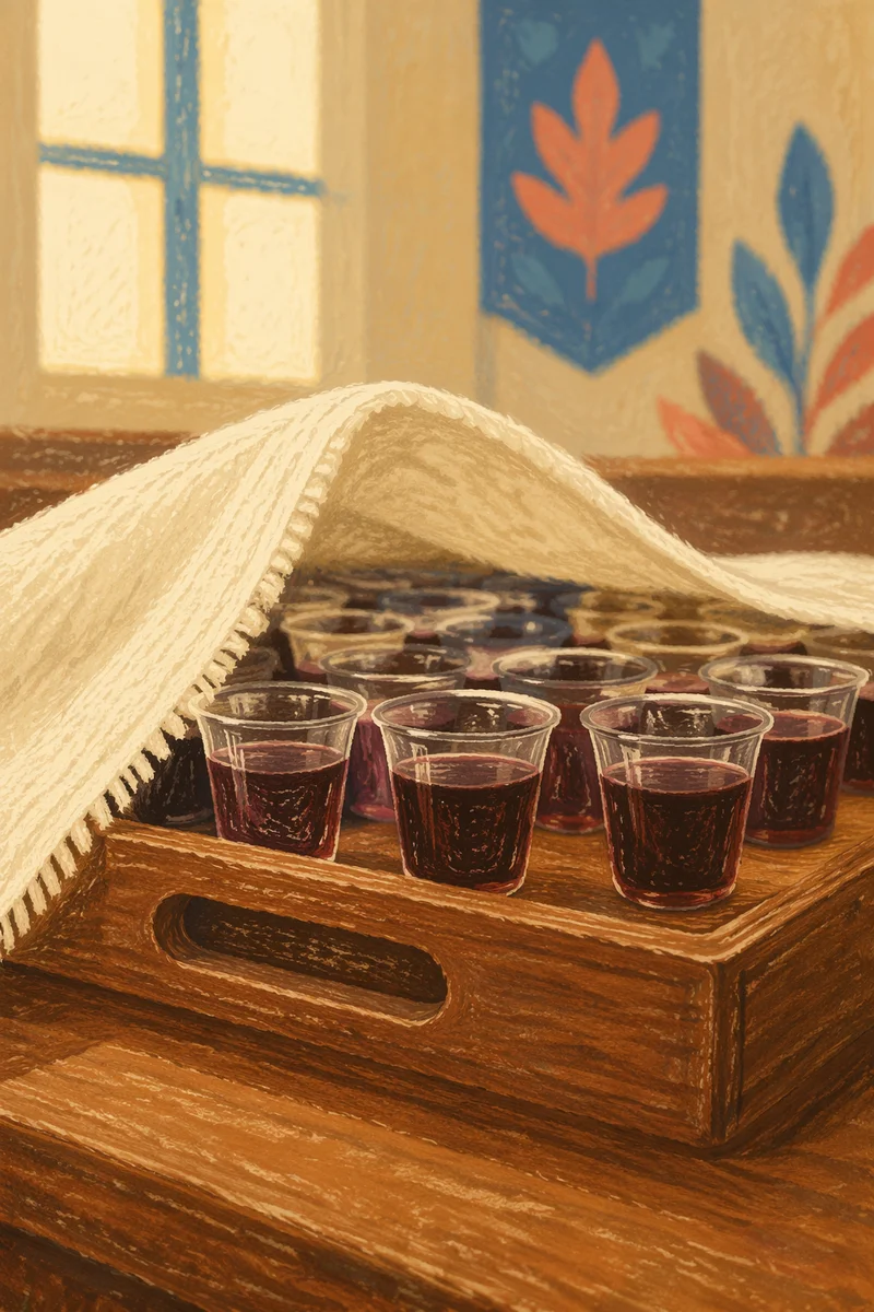 Individual Communion Cups on Wooden Church Tray