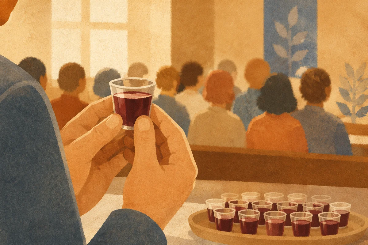 Hands Holding Tiny Communion Cup at Worship