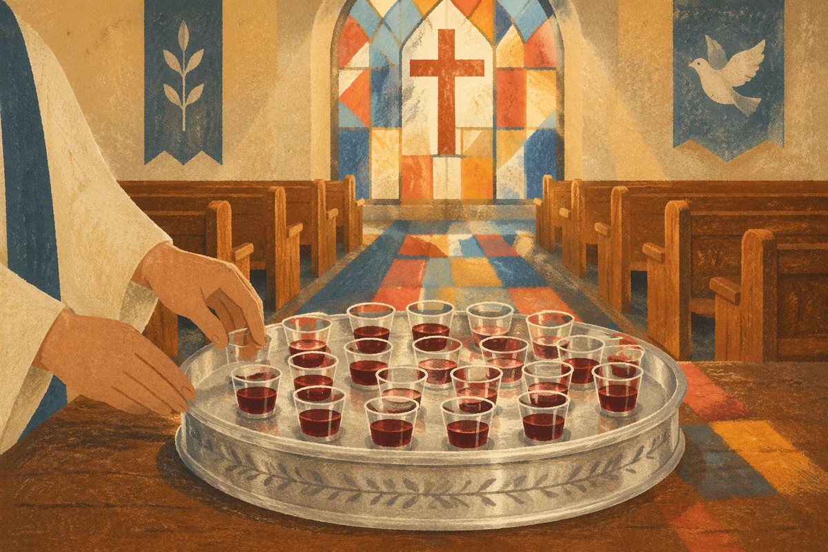 Communion Cups on Silver Tray in Church