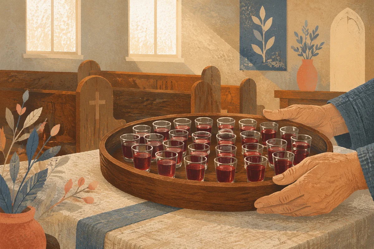 Individual Communion Cups on Wooden Tray