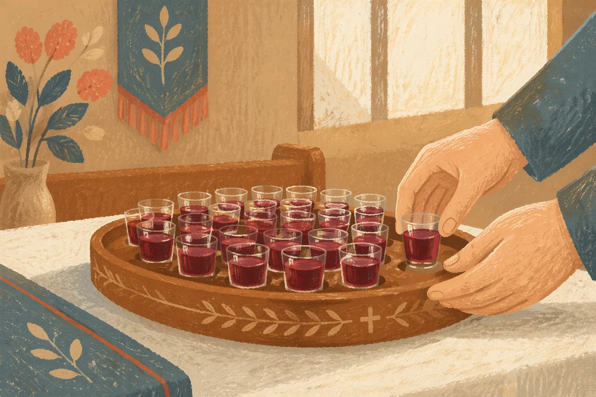 Individual Communion Cups on Wooden Tray