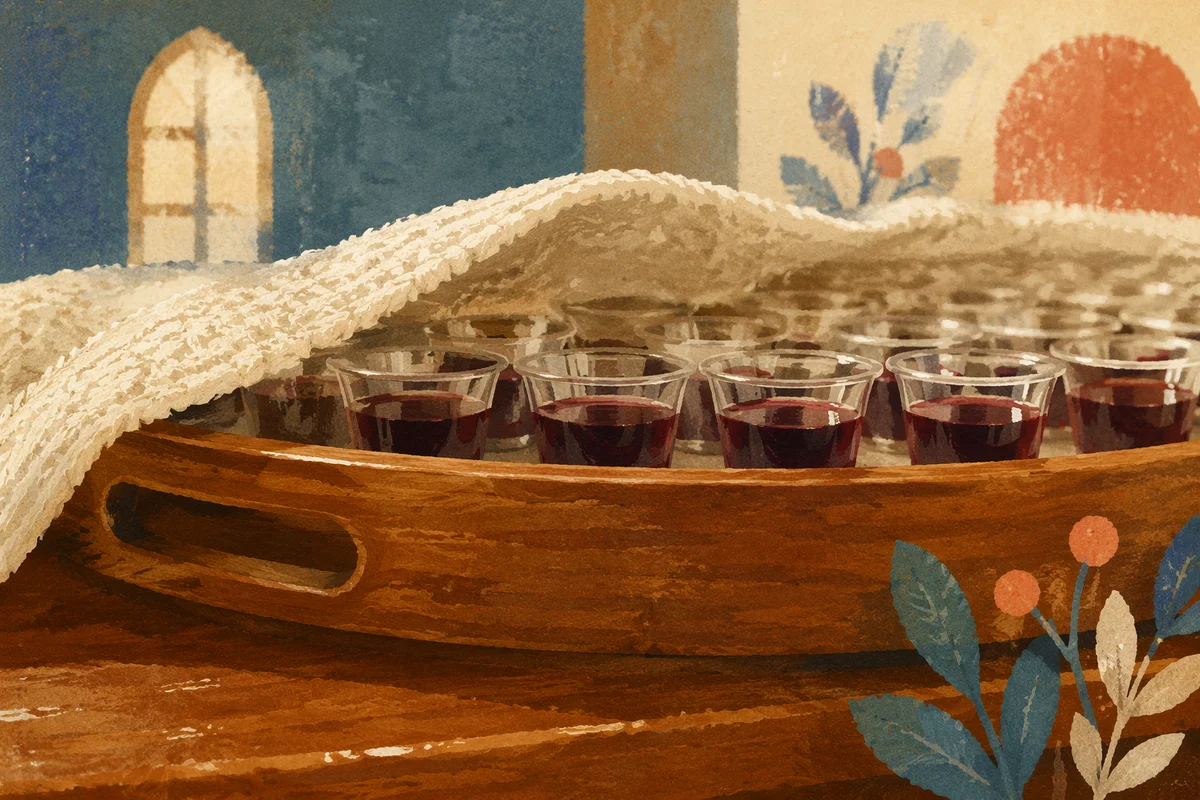 Individual Communion Cups on Wooden Church Tray