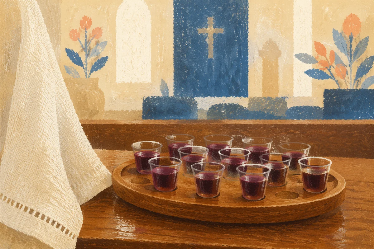 Individual Communion Cups on Wooden Church Tray