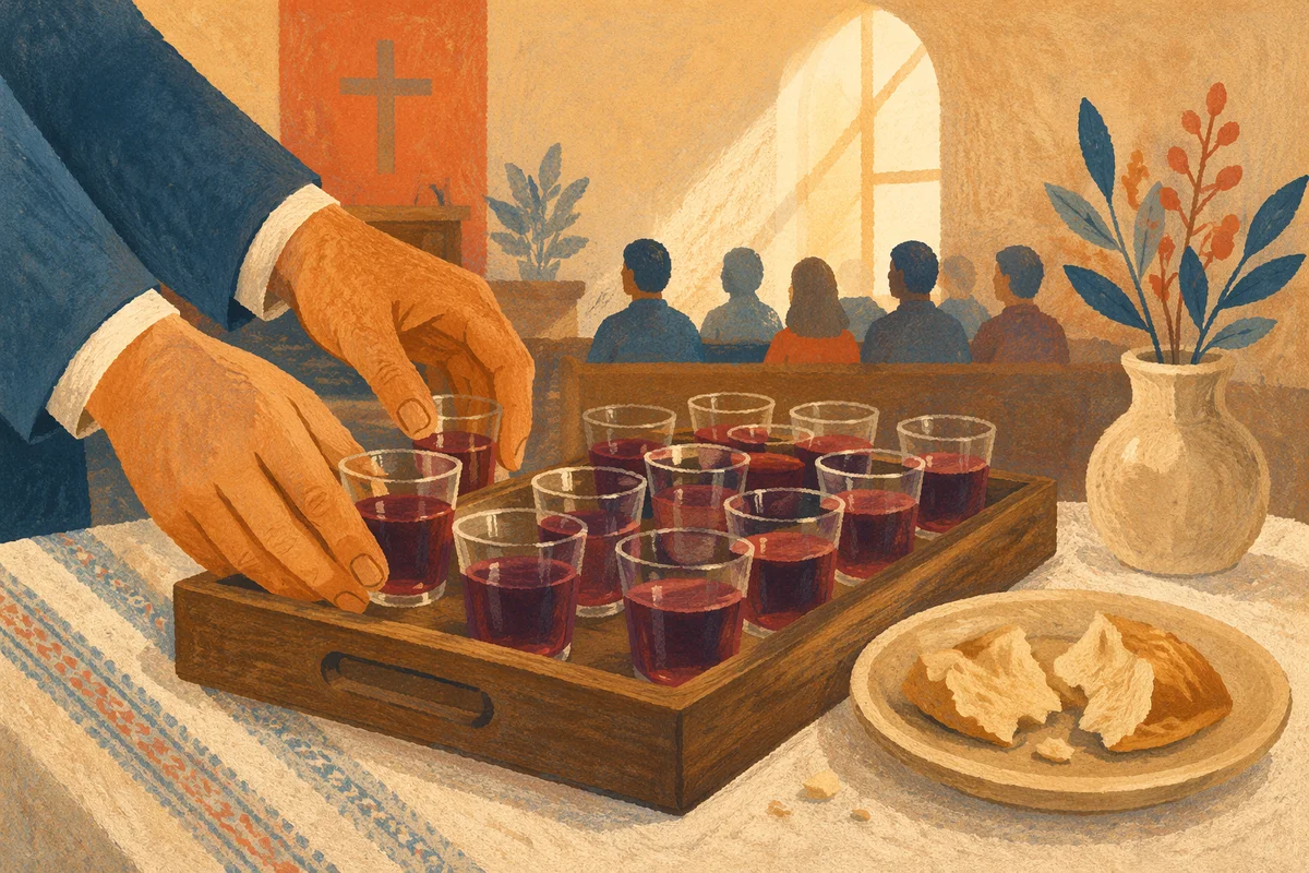 Individual Communion Cups on Wooden Chapel Tray
