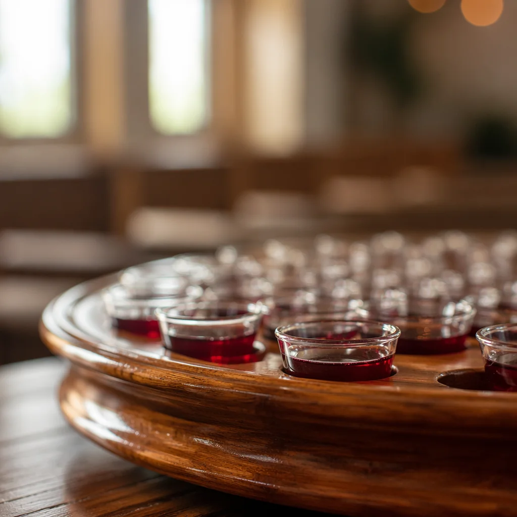 Individual Communion Cups on Wooden Tray