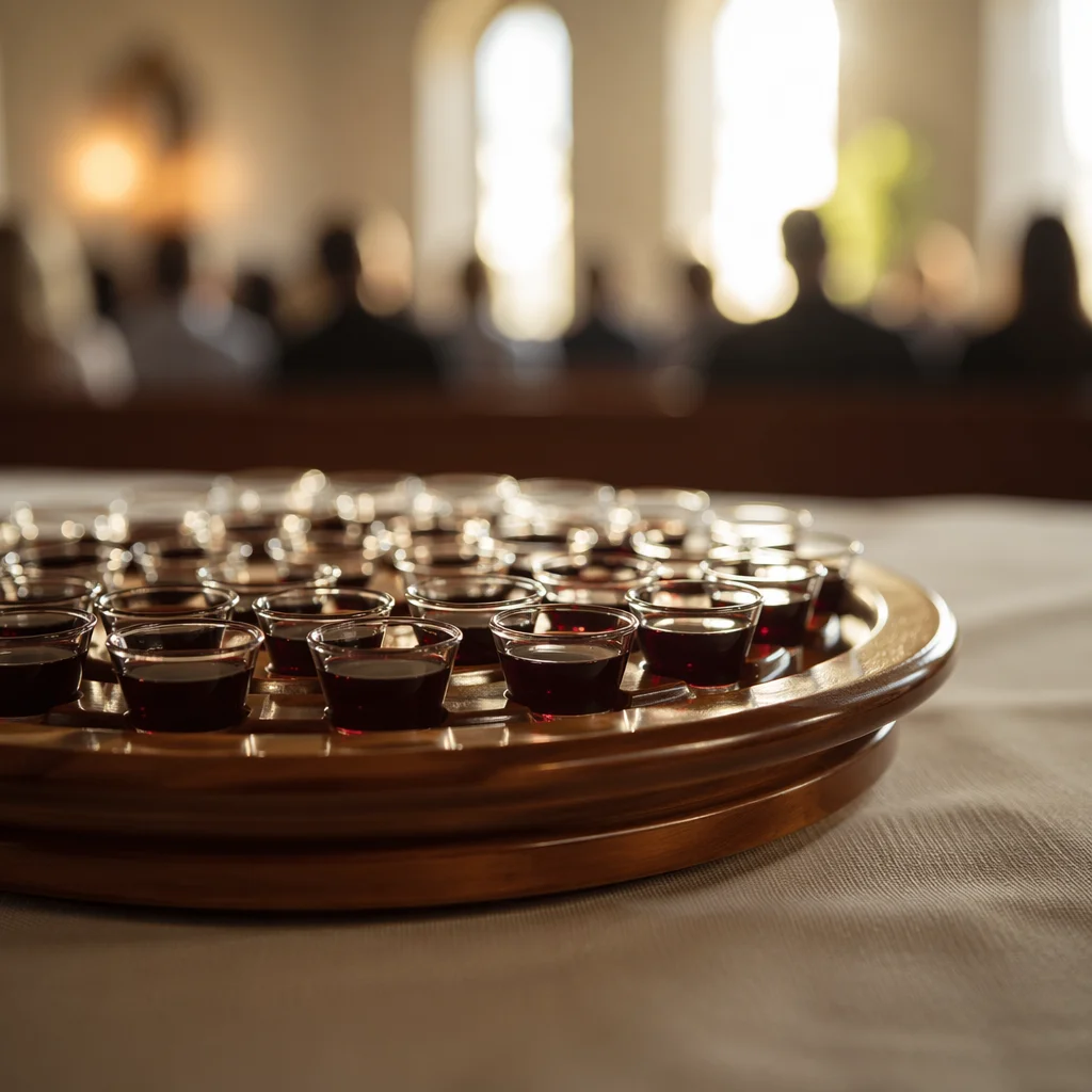 Individual Communion Cups on Wooden Tray