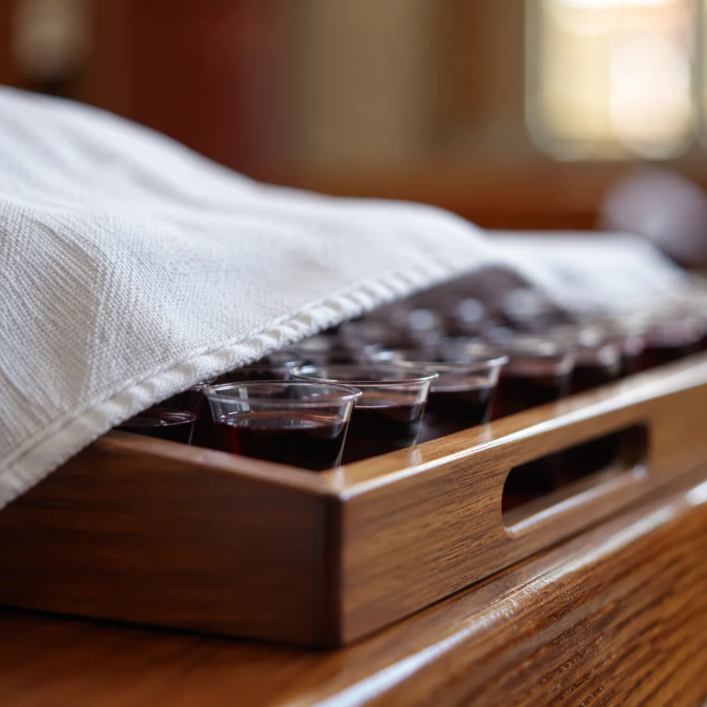 Individual Communion Cups on Wooden Tray