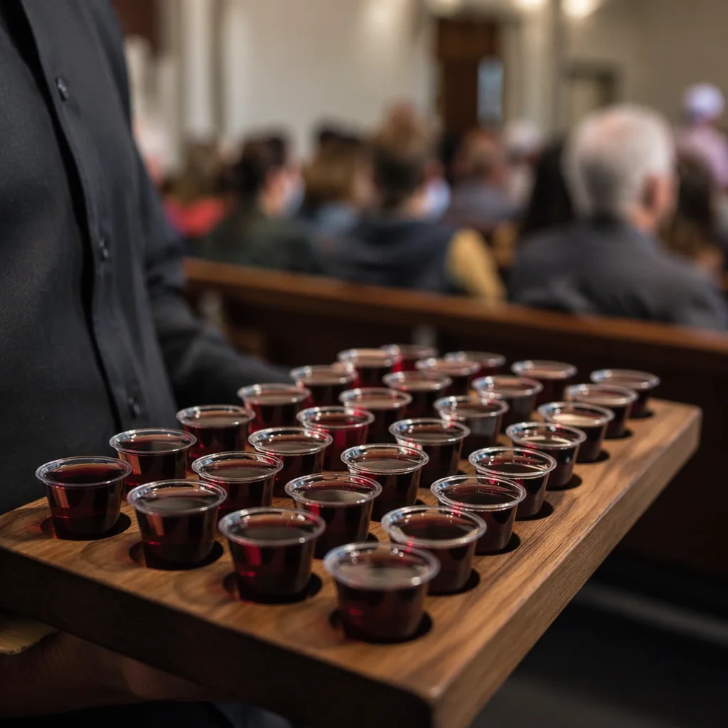 Individual Communion Cups in Wooden Tray