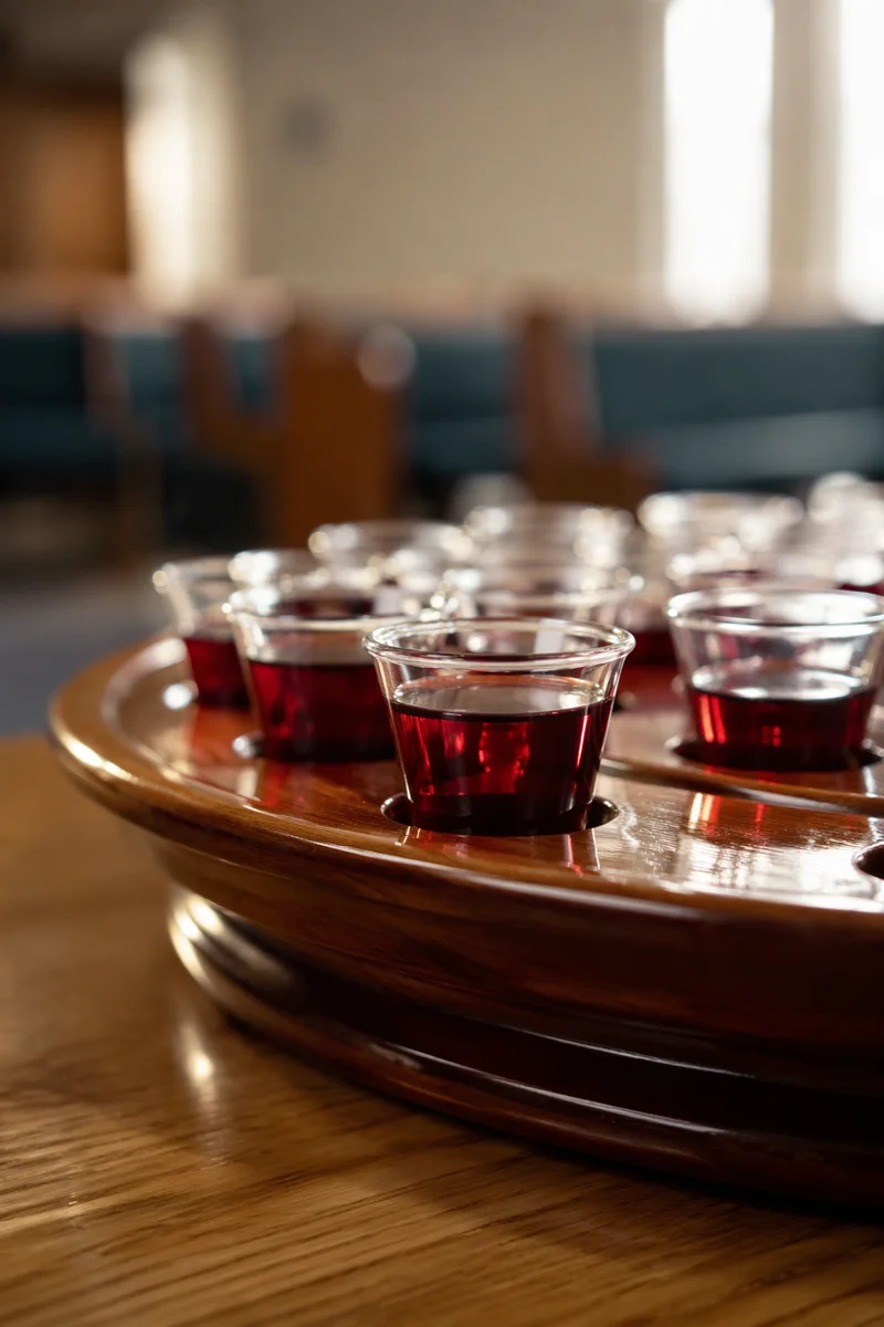 Individual Communion Cups on Wooden Tray