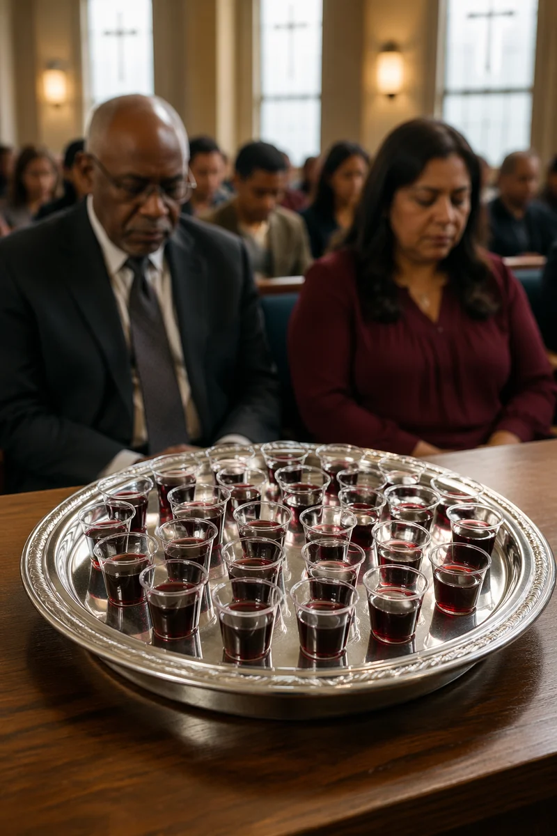 Communion Glasses on Silver Tray in Church