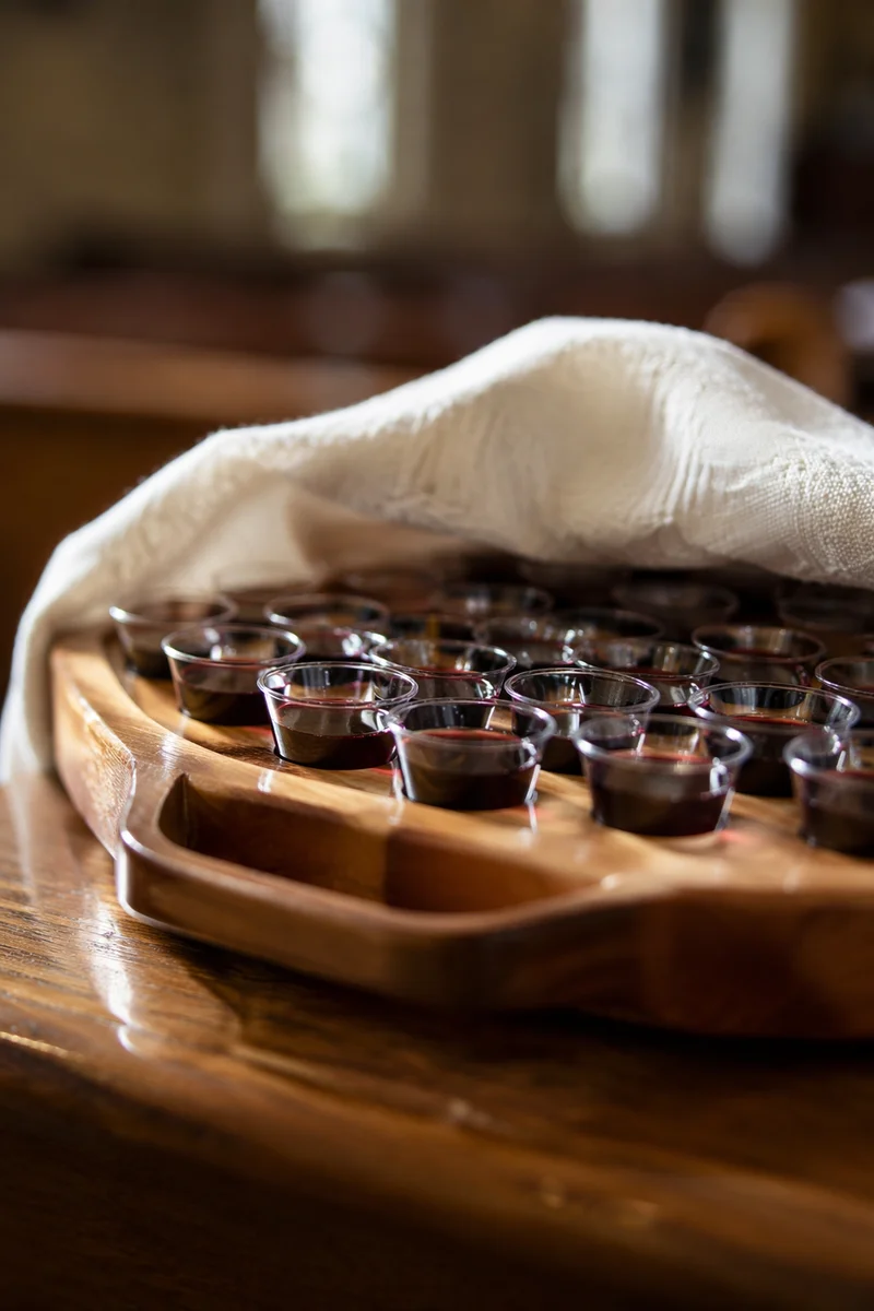 Communion Cups on Wooden Church Tray