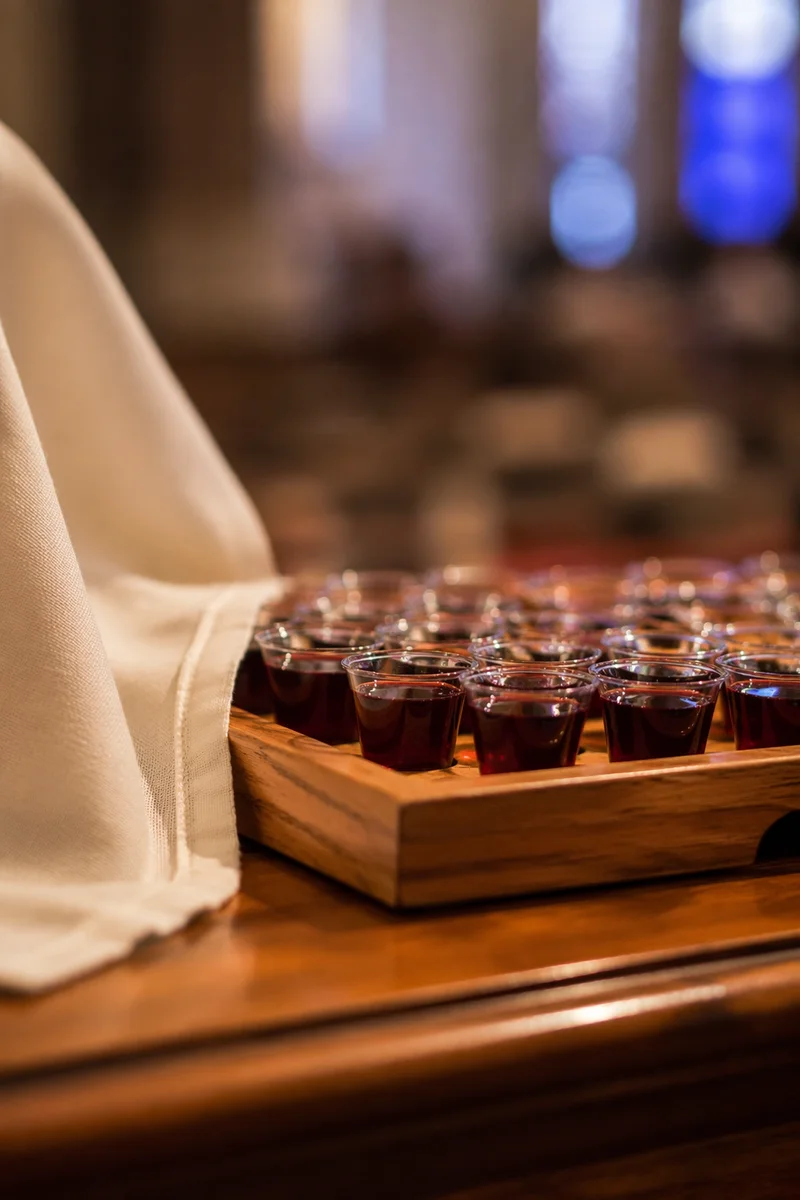 Individual Communion Cups on Wooden Pew