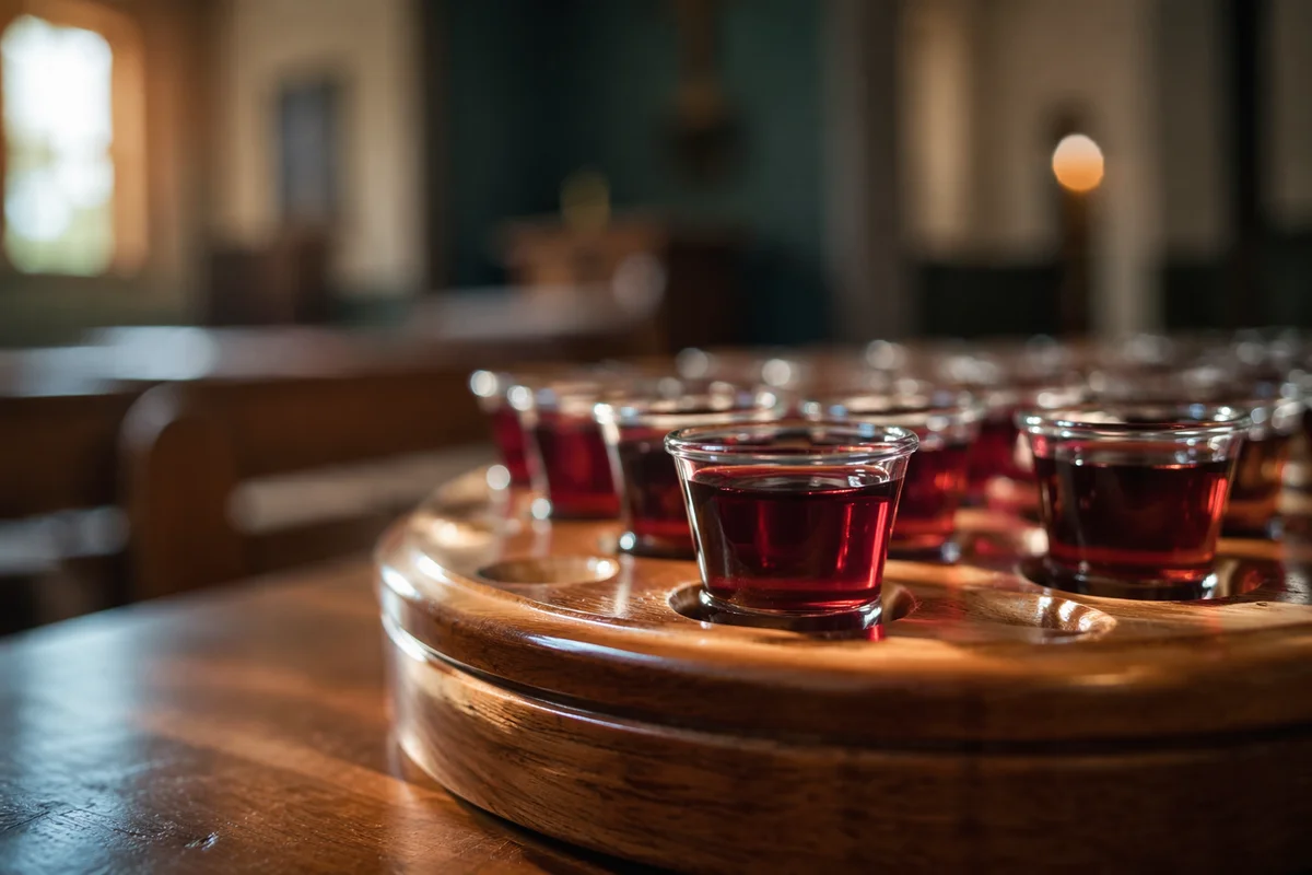 Individual Communion Cups on Wooden Tray