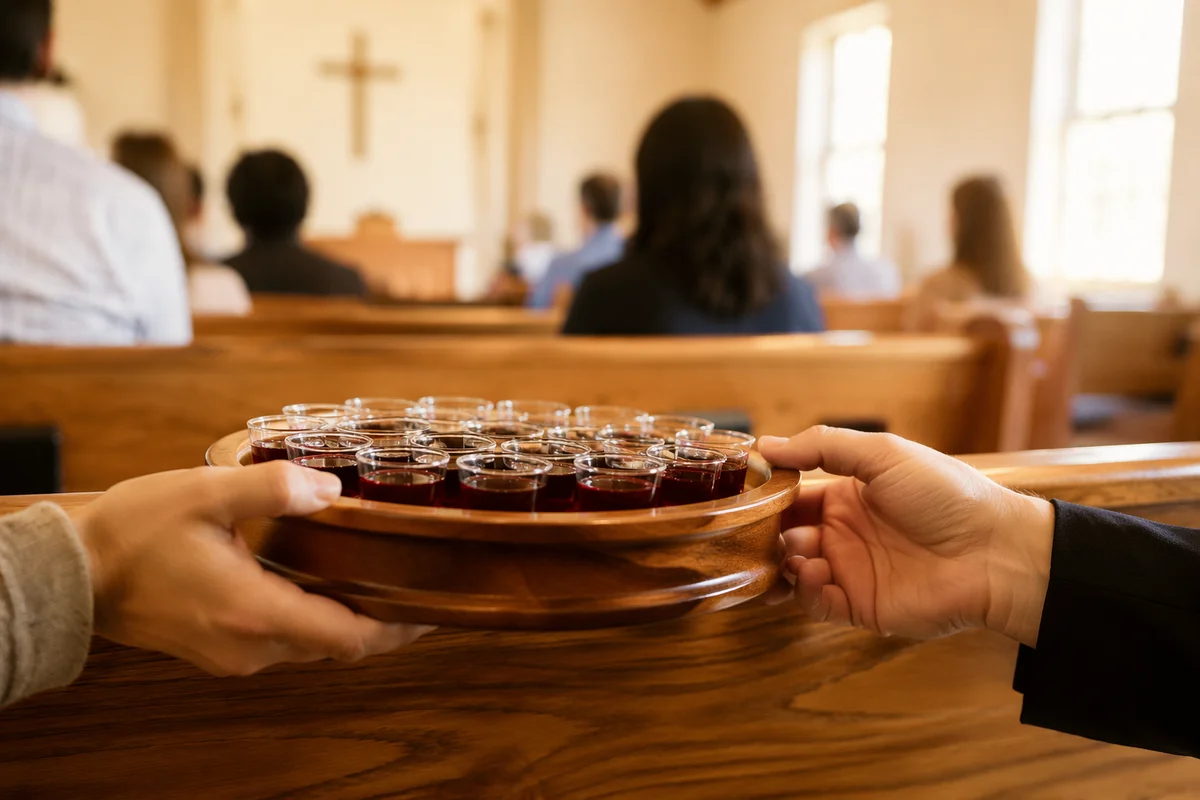 Communion Tray Passed Through Sunlit Chapel