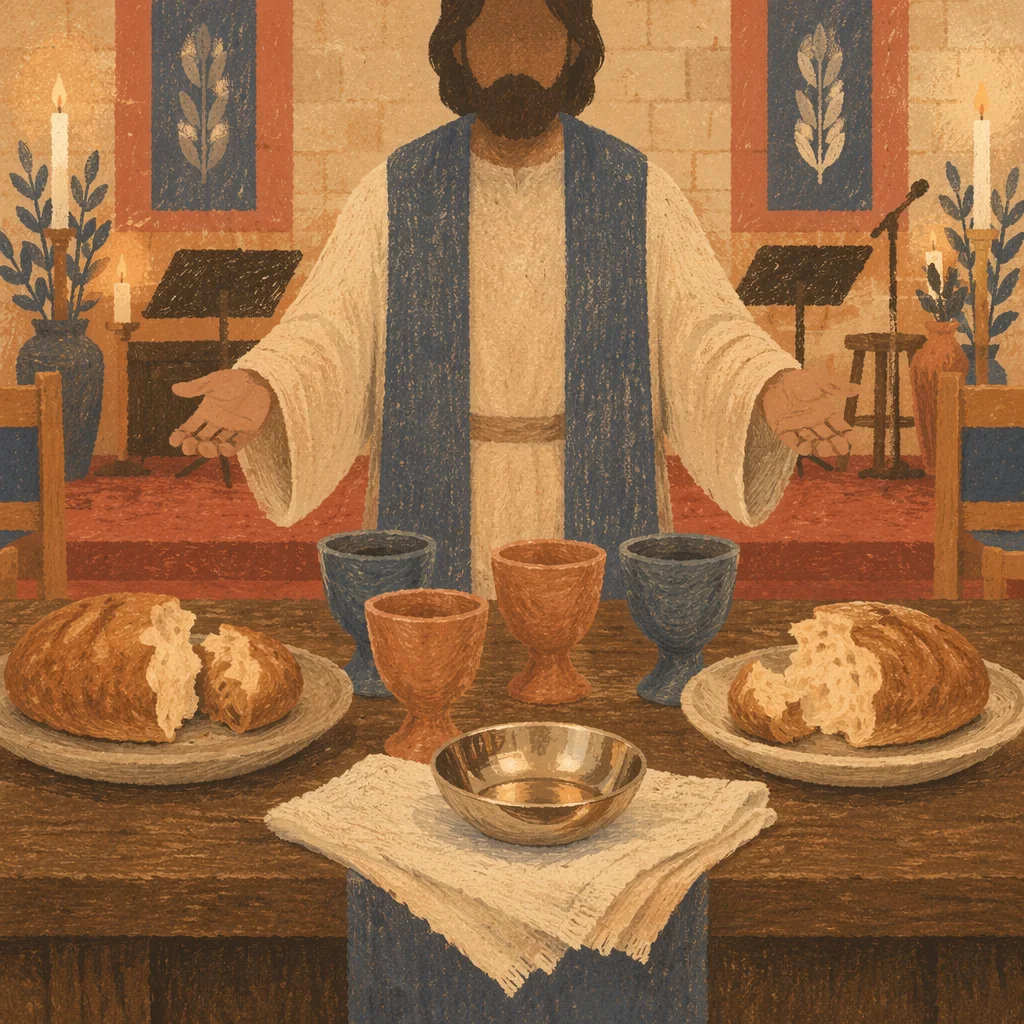 Reverent Communion Table with Bread and Chalices
