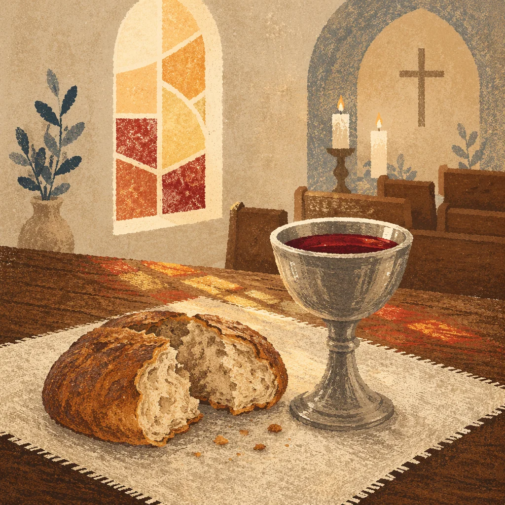 Communion Bread and Chalice on Wooden Table