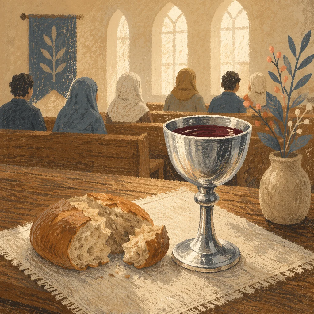 Communion Table with Bread and Silver Chalice