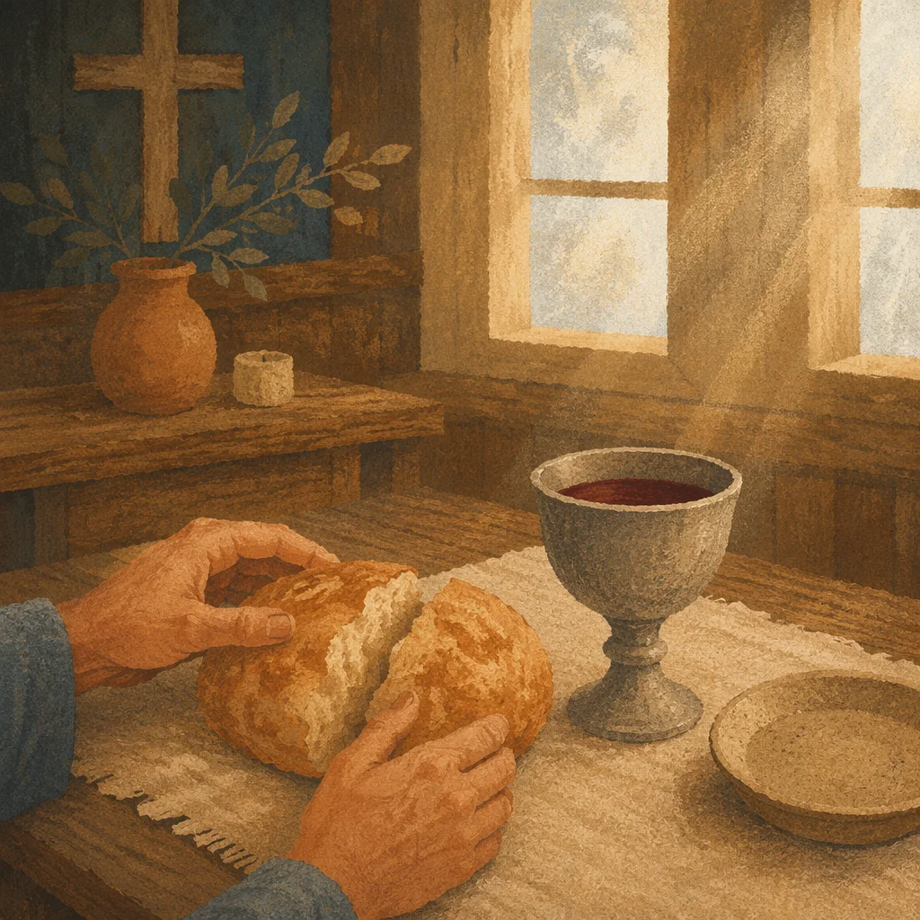 Communion Bread and Chalice in Wooden Chapel