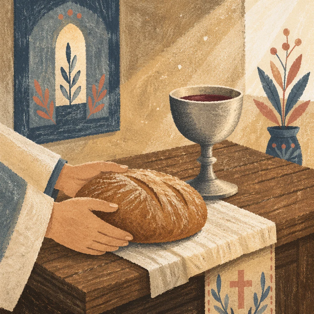 Reverent Communion Table with Bread and Chalice