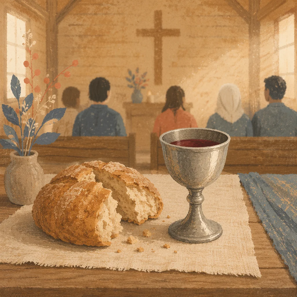 Rustic Communion Table with Bread and Chalice