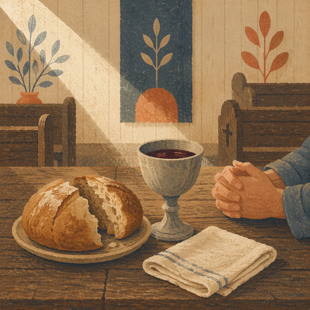 Rustic Communion Table with Bread and Chalice