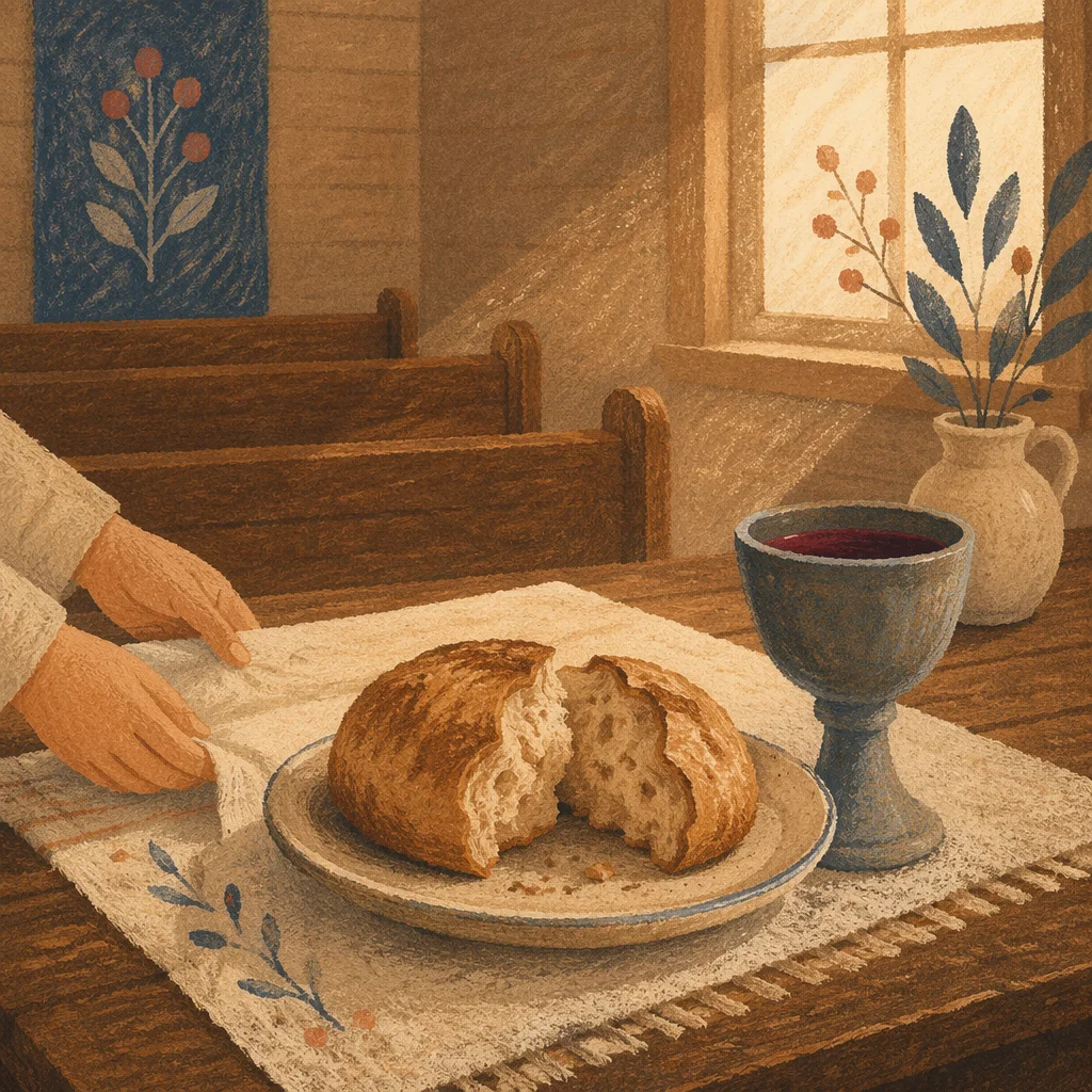 Rustic Communion Table with Bread and Chalice