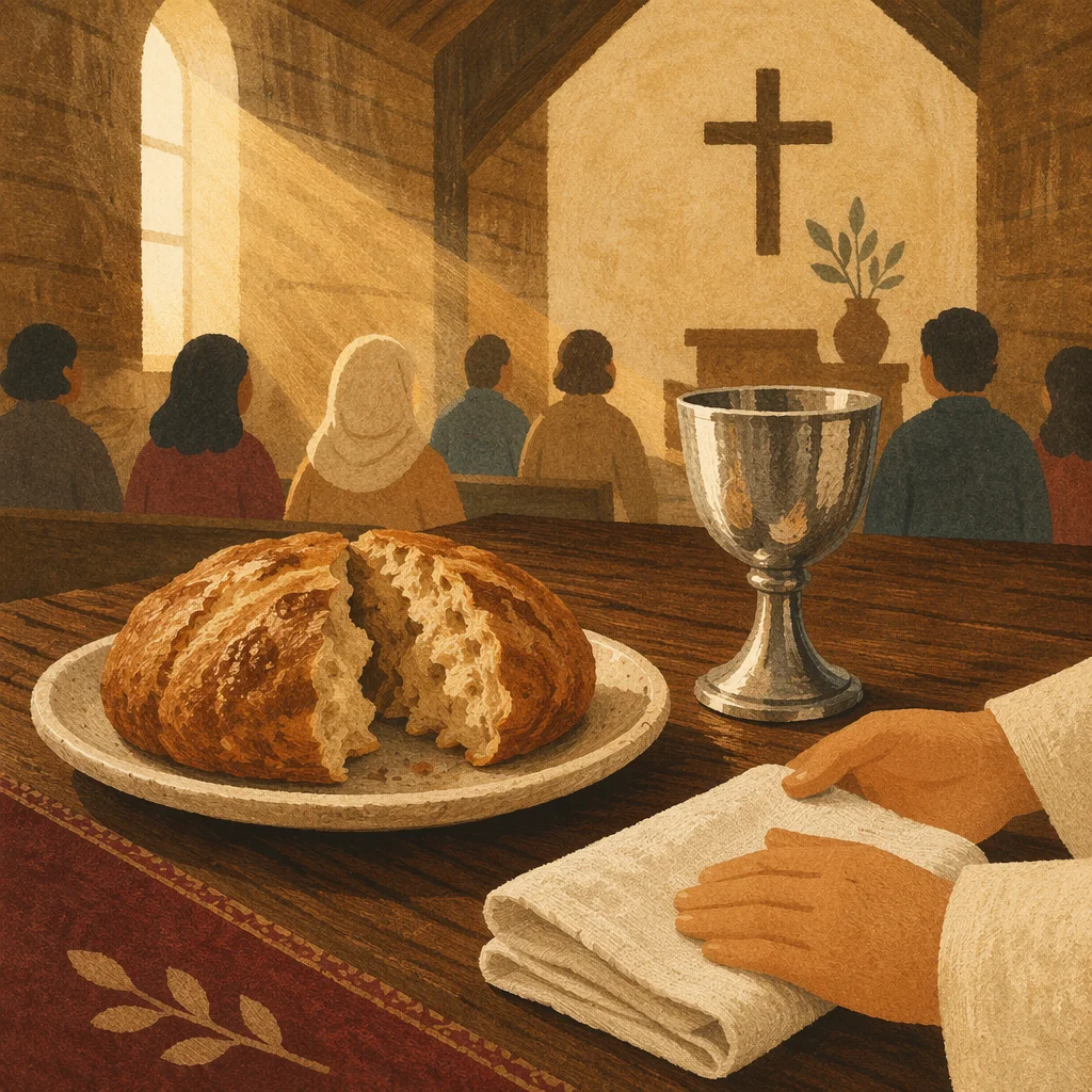 Communion Table with Bread and Silver Chalice