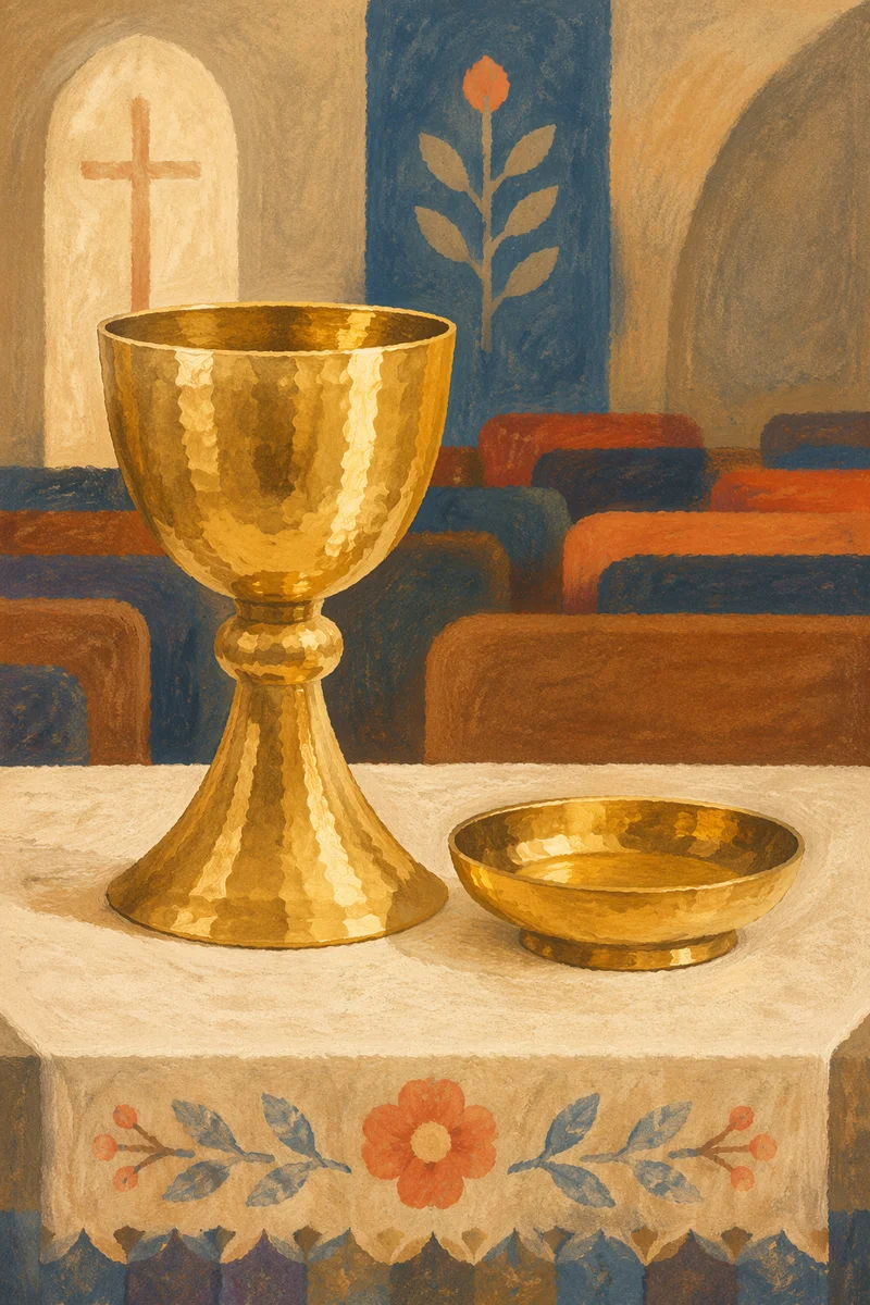 Gold Chalice and Paten on Communion Table