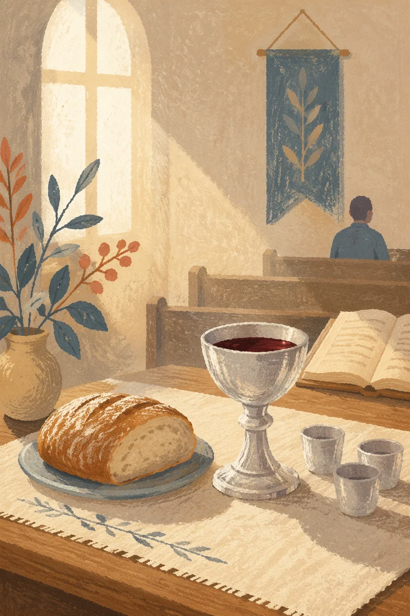 Reverent Communion Table with Bread and Chalice