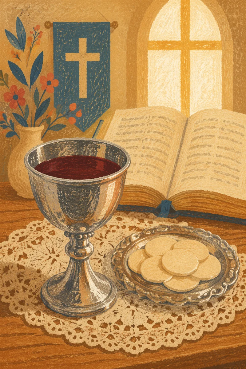 Reverent Communion Table with Chalice and Wafers
