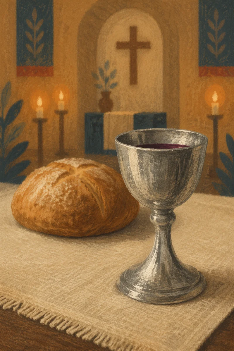 Communion Table with Bread and Silver Chalice