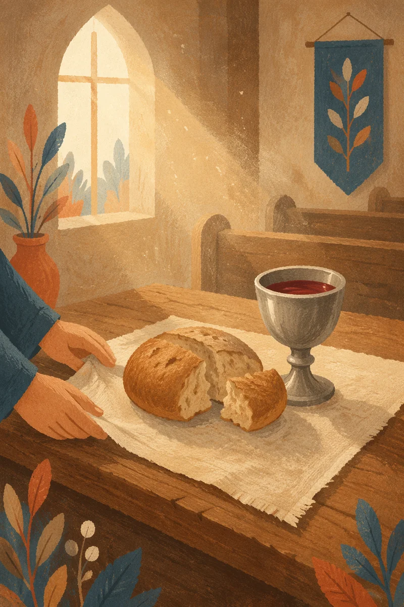 Rustic Communion Table with Bread and Chalice