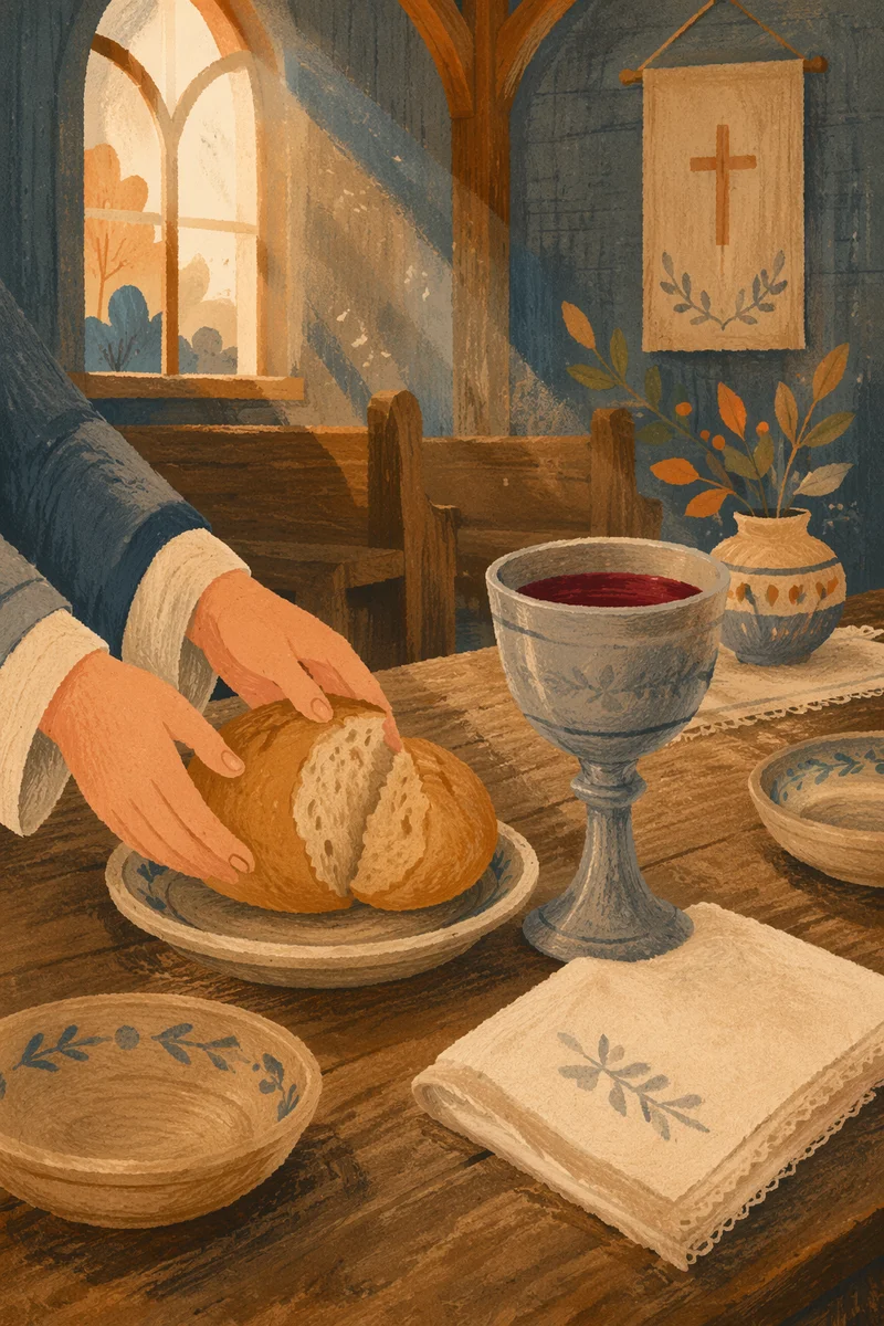 Rustic Communion Table With Bread and Chalice
