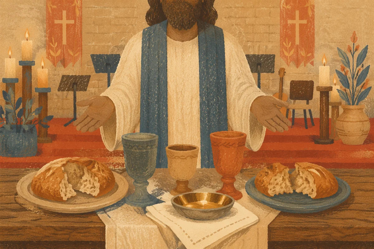 Reverent Communion Table with Bread and Chalices