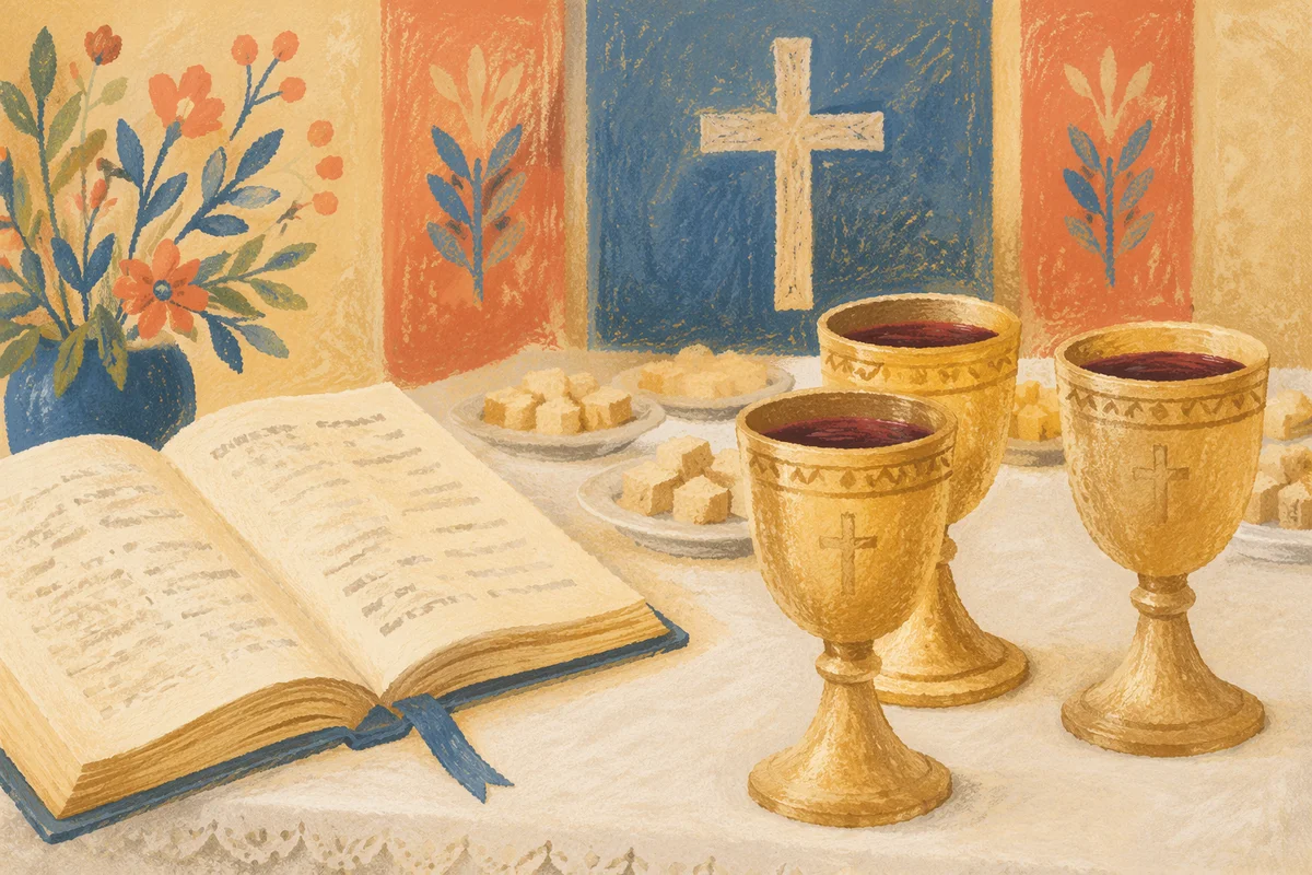 Communion Chalices with Bread on White Linen