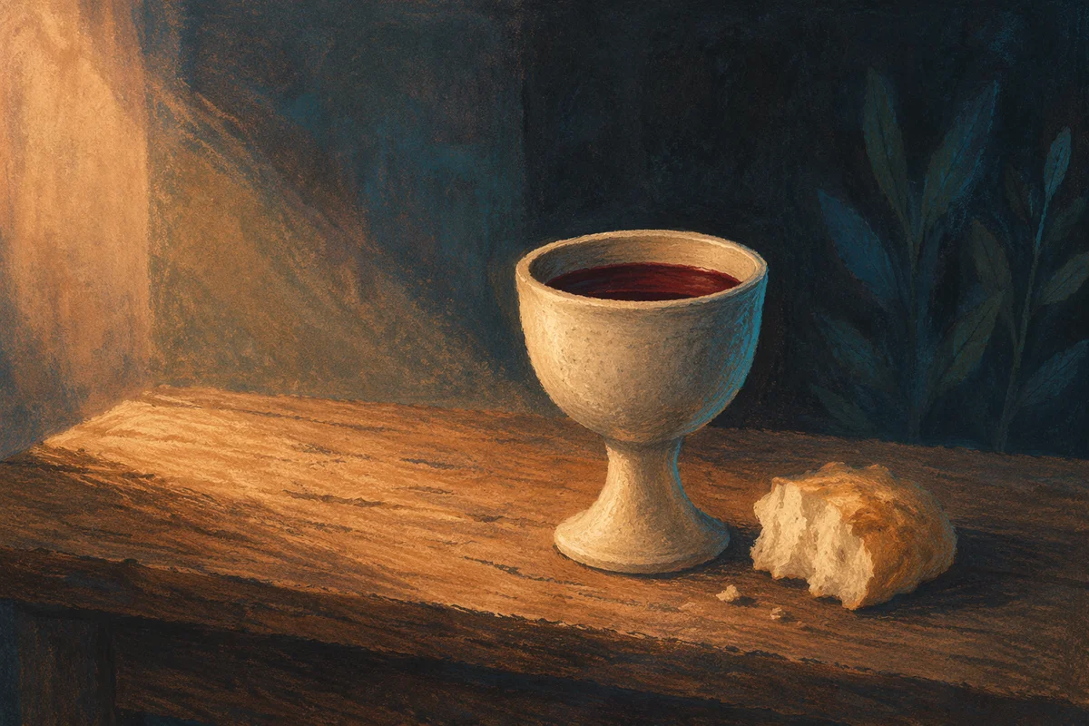 Communion Chalice and Bread on Wooden Table